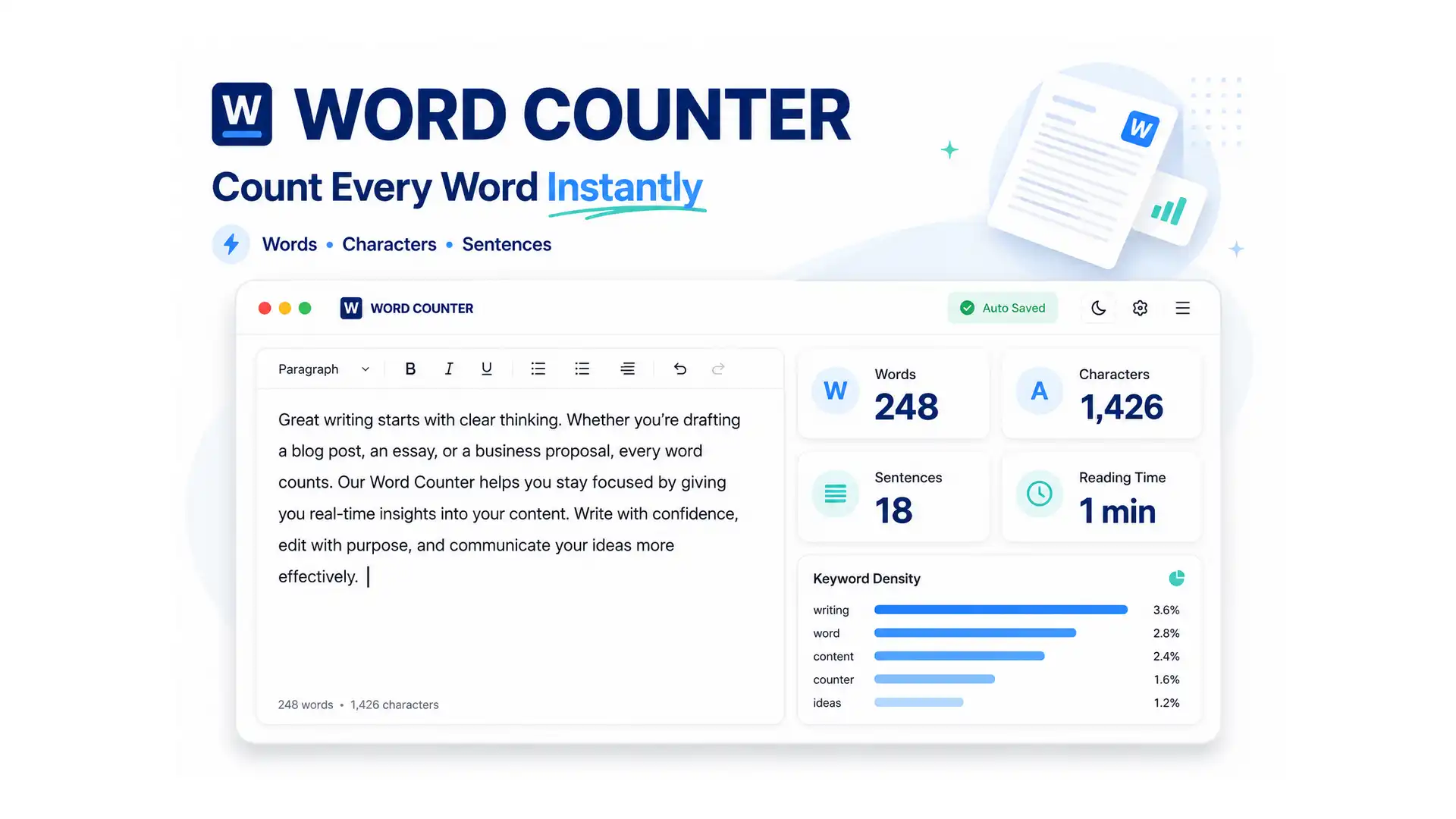 Word counter tool showing live word count, character count, and reading time stats