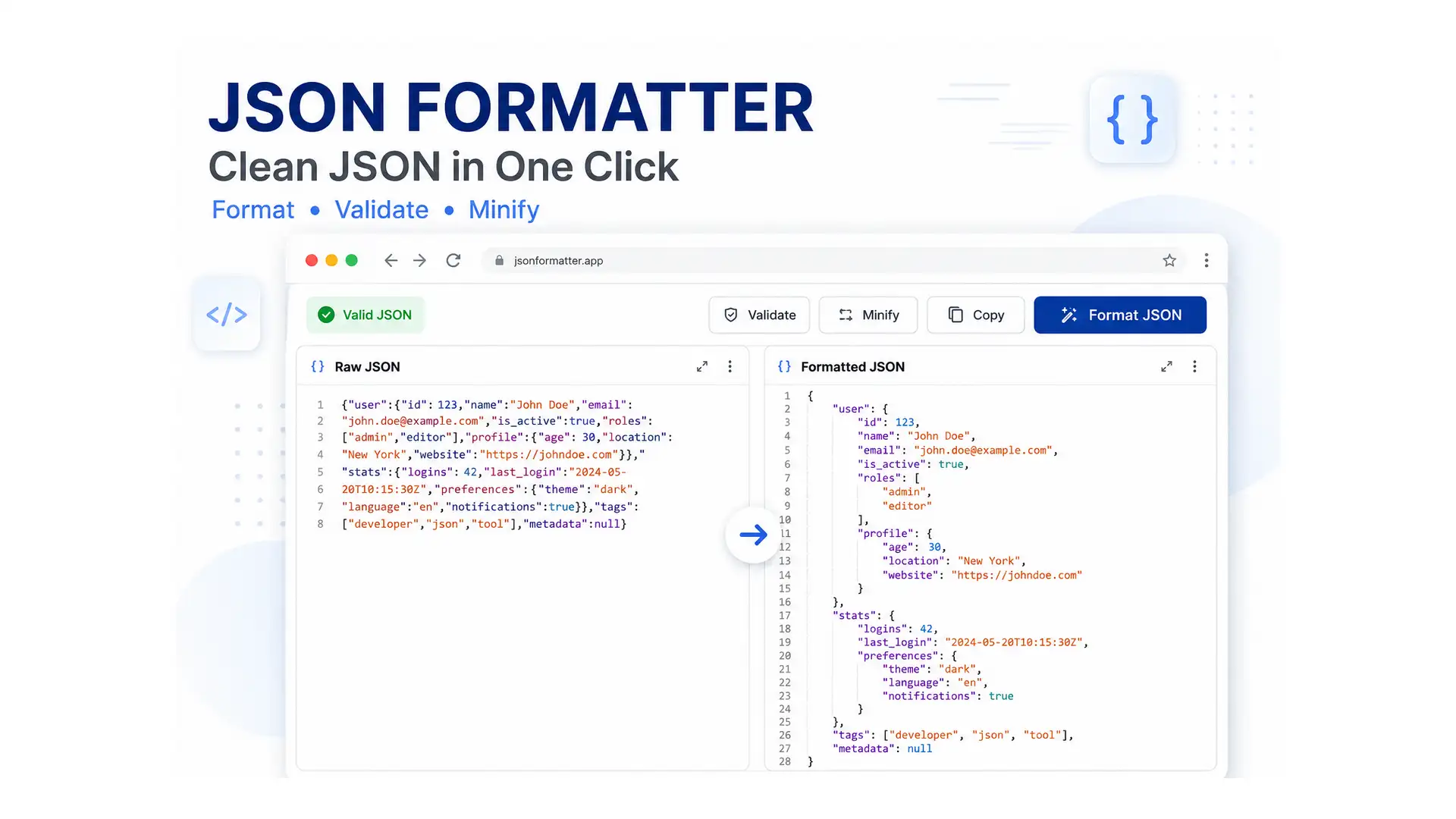 JSON syntax error checker tool showing an exact error line pointer in broken JSON