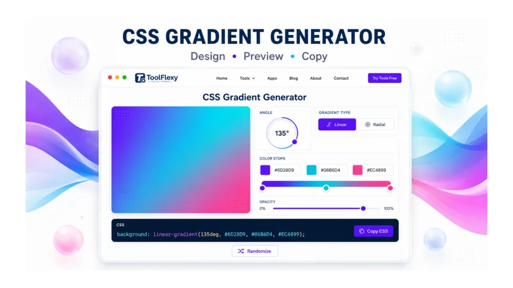 CSS gradient generator tool showing linear, radial, and conic gradient examples