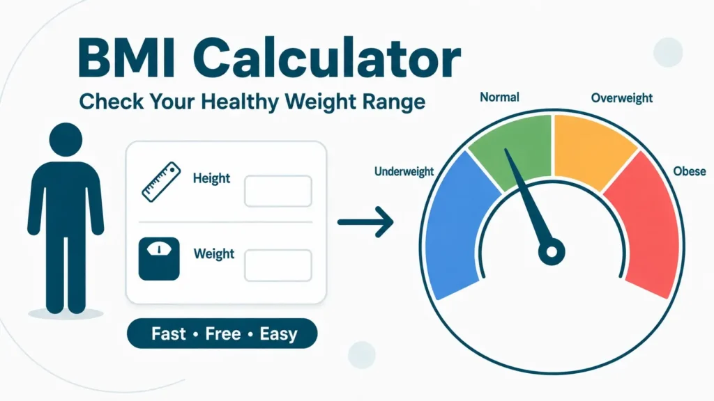 Free BMI calculator tool showing height, weight input, and BMI category result