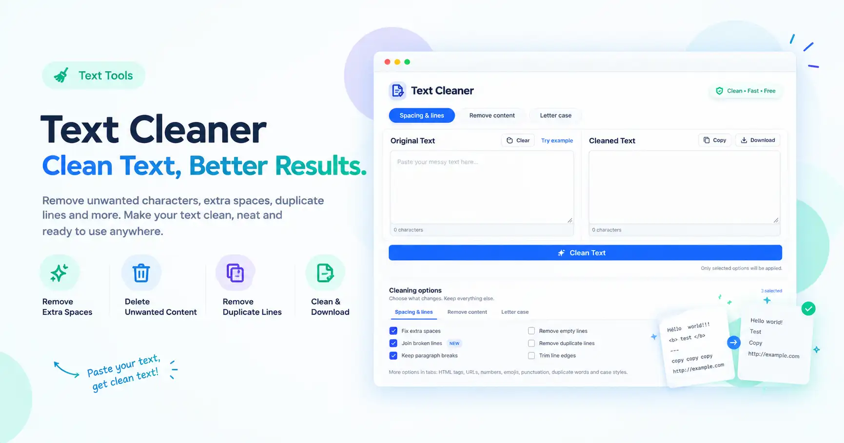 Text Cleaner tool used to remove line breaks from PDF text with the PDF Cleanup preset