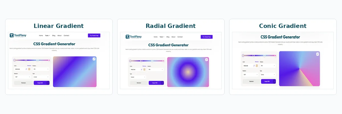 Linear, radial, and conic CSS gradients created with ToolFlexy's gradient generator