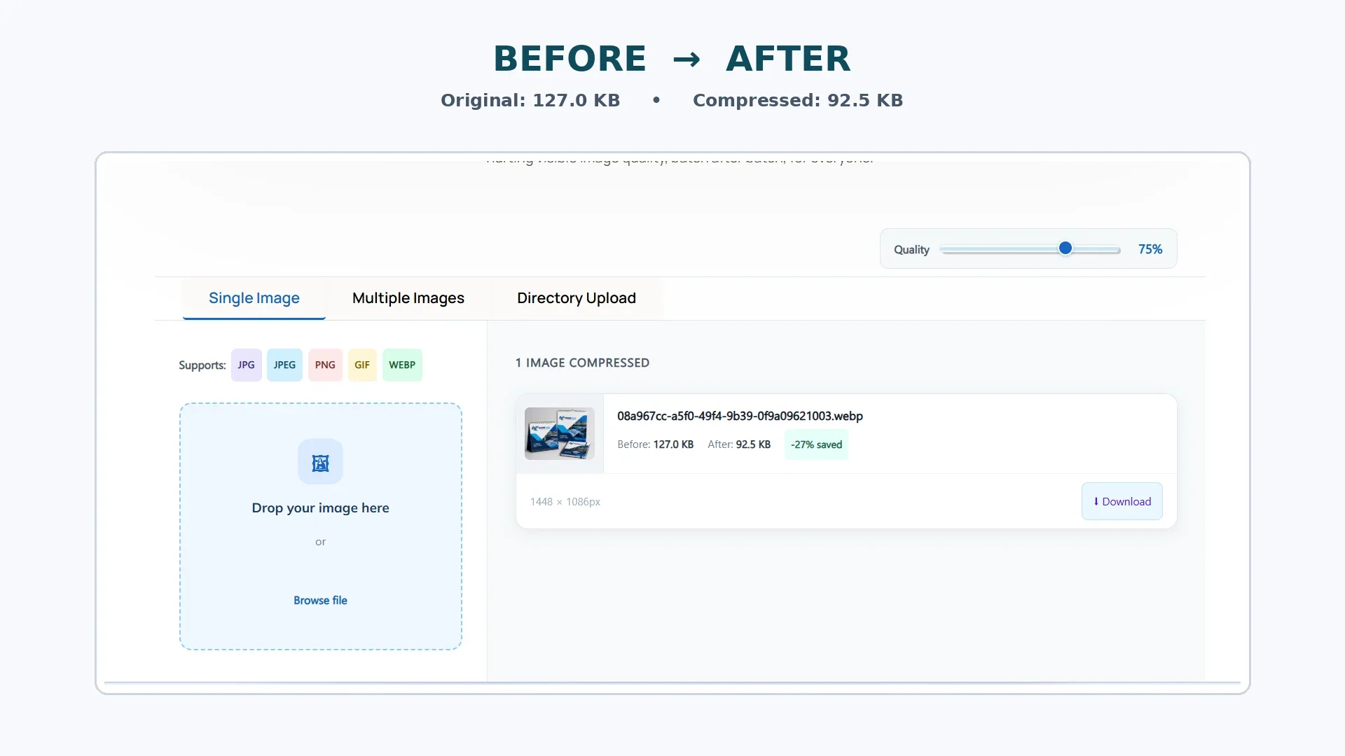 Before and after file size comparison using ToolFlexy's Image Compressor