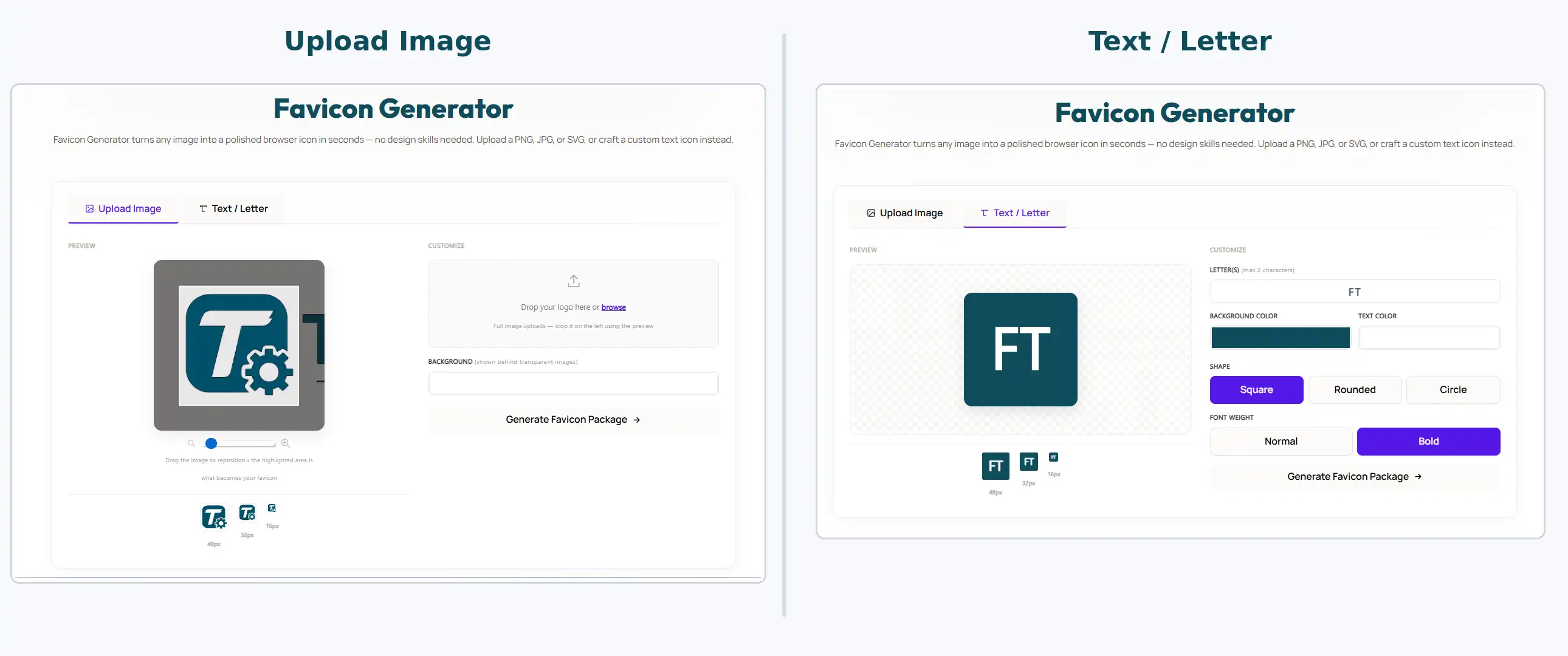 Create a favicon by uploading an image or using custom text with ToolFlexy's Favicon Generator