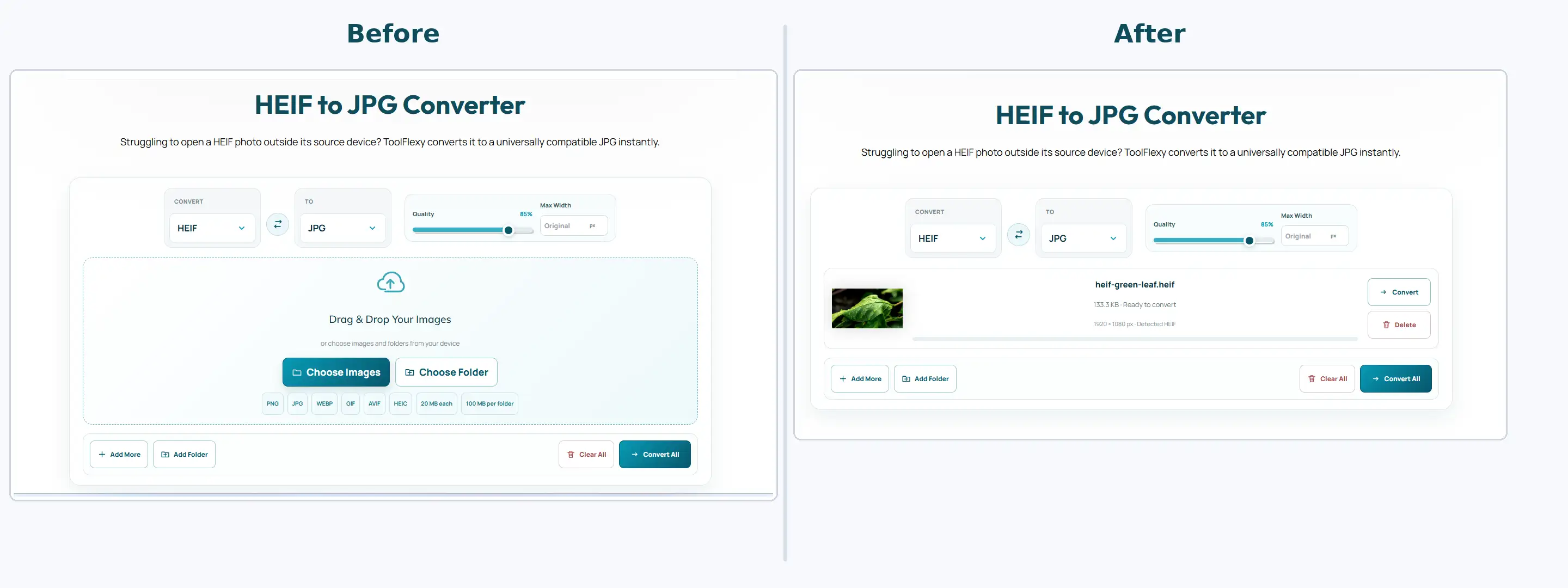 ToolFlexy HEIF to JPG converter before and after comparison