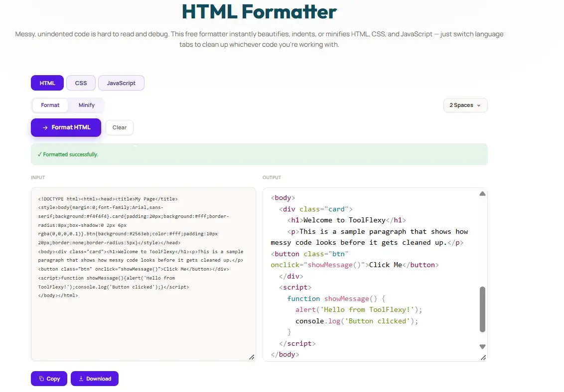 ToolFlexy HTML Formatter tool showing formatted HTML, CSS, and JavaScript output