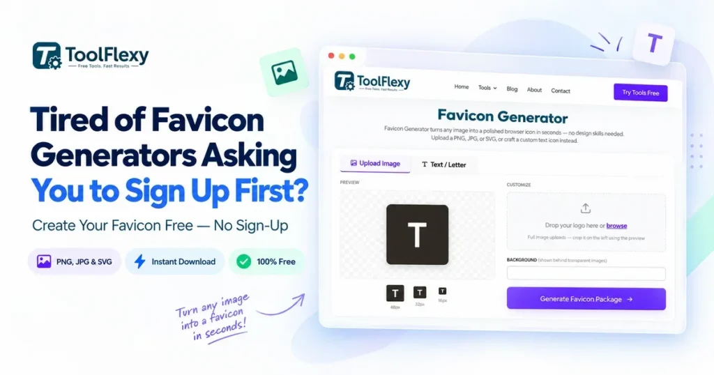 Free favicon generator no sign up — before and after browser tab comparison