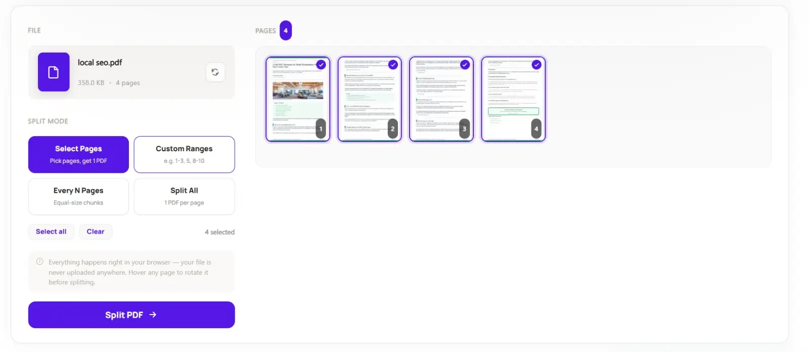 Split PDF No Sign-Up: The Fastest Free Way to Separate PDF Pages 6 Split PDF no sign up — ToolFlexy's Split PDF tool showing Select Pages, Custom Ranges, Every N Pages, and Split All modes