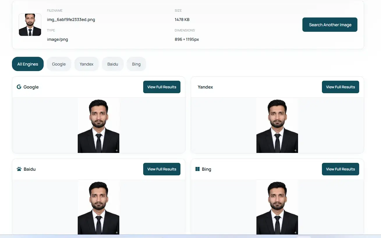 Reverse image search iPhone results shown side by side across Google, Yandex, Baidu, and Bing on ToolFlexy